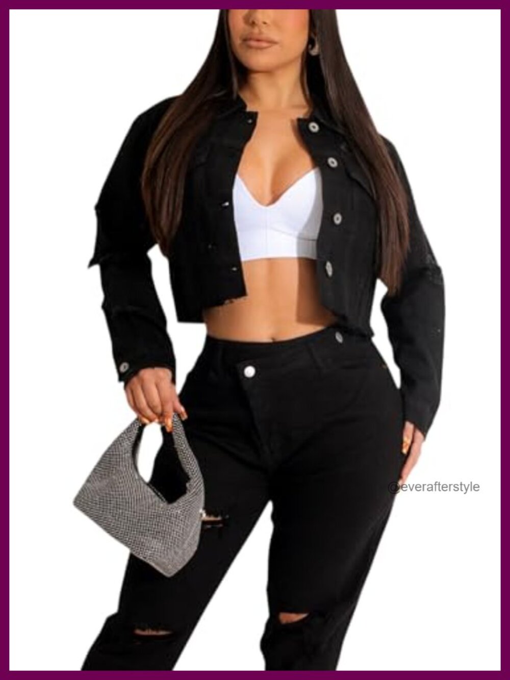 Cropped Denim Jacket Long Sleeve Button Down Casual Jean Coat